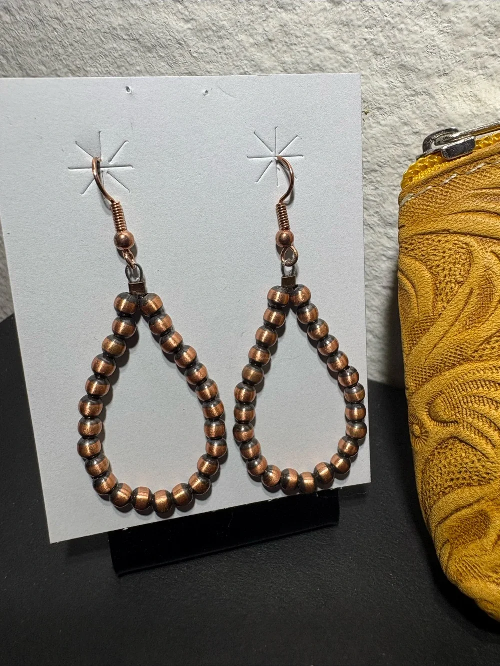 Embossed Floral Leather Coin Purse And Copper Navajo Pearls Dangle